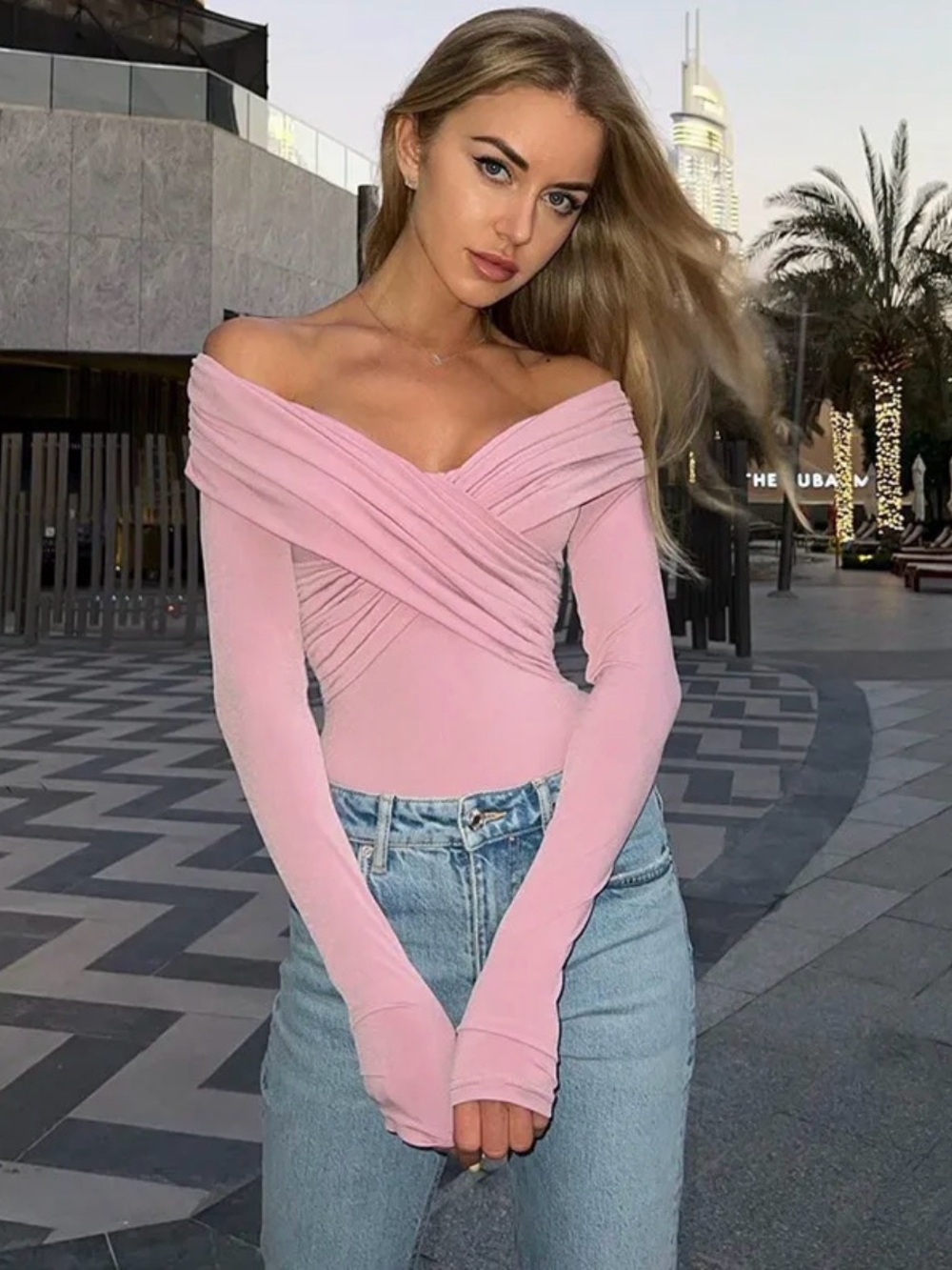 Women’s Off-Shoulder Ruched Long Sleeve Top - Pink